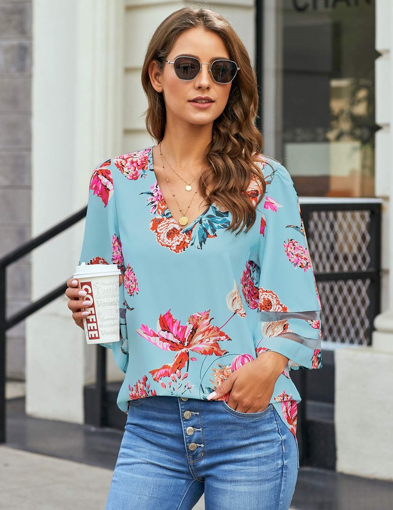 LookbookStore Women Blue Floral Print Tops for Women V Neck Casual Mesh Panel Blouse 3/4 Bell Sleeve Loose Top Shirt Size XL(US 16-18) - Image 4